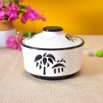 Kunhar Ceramic Donga With Lid, Ceramic Serving Donga, 270 Ml, 1 Piece, White with Palm Tree