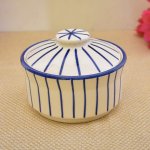 Kunhar Ceramic Donga with lid | Ceramic Bowl with lid - 450 ML, White Blue Line