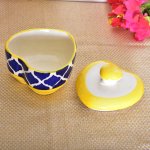 Kunhar Ceramic Butter Pot With lid, Ceramic Dry Fruit Jar - 350 ML, 1 Piece, Yellow Blue Star