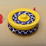 Kunhar Ceramic Donga With Lid, Ceramic Casserole Donga, Ceramic Serving Donga (6.8 Inch, 800 ML), Yellow Blue Chidi