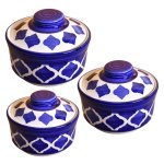 KunhaR Ceramic Donga With Lid, Ceramic Serving Donga, 1000 Ml, 500 Ml and 250 Ml, 3 Pieces, Blue Chidi