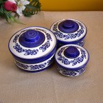 KunhaR Ceramic Donga With Lid, Ceramic Serving Donga, 1000 Ml, 500 Ml and 250 Ml, 3 Pieces, Blue Vine