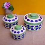 KunhaR Ceramic Donga With Lid, Ceramic Serving Donga, 1000 Ml, 500 Ml and 250 Ml, 3 Pieces, Green Blue