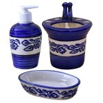 KunhaR Ceramic 3-Piece Bathroom Accessory Set, Purple Brown (Liquid Soap Dispenser 300 ML, Soap Dish Holder and Toothbrush Holder) , Blue Vine