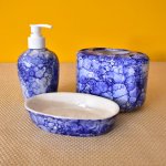 KunhaR Ceramic 3-Piece Bathroom Accessory Set, Purple Brown (Liquid Soap Dispenser 300 ML, Soap Dish Holder and Toothbrush Holder) , Blue-Luster