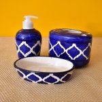 KunhaR Ceramic 3-Piece Bathroom Accessory Set, Purple Brown (Liquid Soap Dispenser 300 ML, Soap Dish Holder and Toothbrush Holder) , Blue-Umrao