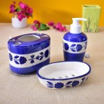 KunhaR Ceramic 3-Piece Bathroom Accessory Set, Purple Brown (Liquid Soap Dispenser 300 ML, Soap Dish Holder and Toothbrush Holder) , Blue