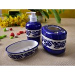 KunhaR Ceramic 3-Piece Bathroom Accessory Set, Purple Brown (Liquid Soap Dispenser 300 ML, Soap Dish Holder and Toothbrush Holder) , Blue-Vine