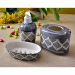 KunhaR Ceramic 3-Piece Bathroom Accessory Set, Purple Brown (Liquid Soap Dispenser 300 ML, Soap Dish Holder and Toothbrush Holder) , Gray