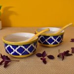 KunhaR Ceramic Serving Bowls, Soup Bowls – 260 ML, 2 Pieces with 2 Spoon, Yellow Chidi