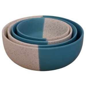 KunhaR Ceramic Mixing Bowls - 1500 Ml, 800 Ml, 600 Ml and 400 Ml, 4 Pieces, White Dusty Blue